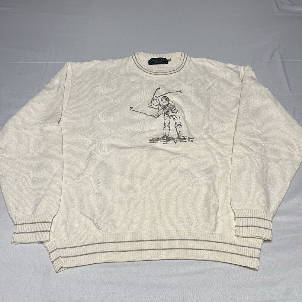 Vintage 90s Golf Sweater Mens XL Ivory Crewneck Grandpa Embroidered USA Made - Picture 1 of 7